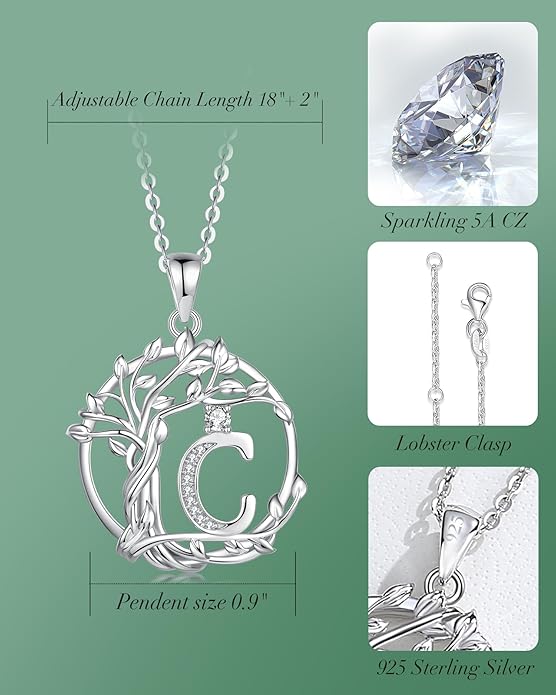 FANCIME Tree of life Initial necklaces for women, Sterling Silver Tree Jewelry Simulated Diamond Letter Pendant Cubic Zirconia CZ Personalized Birthday Mothers Day Gifts for Mom Wife Her