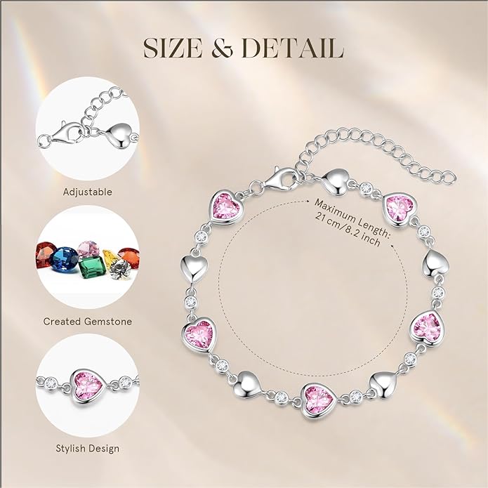 Carleen Birthstone Bracelets for Women 925 Sterling Silver Five Heart Station Created Gemstone Tennis Bracelet Jewelry Anniversary Birthday for Wife, 7"+1.2" Extender