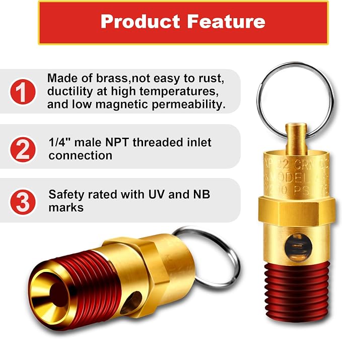 1/4'' NPT Male 150 PSI Air Compressor Pressure Relief Valve Brass | Safety - Image 5