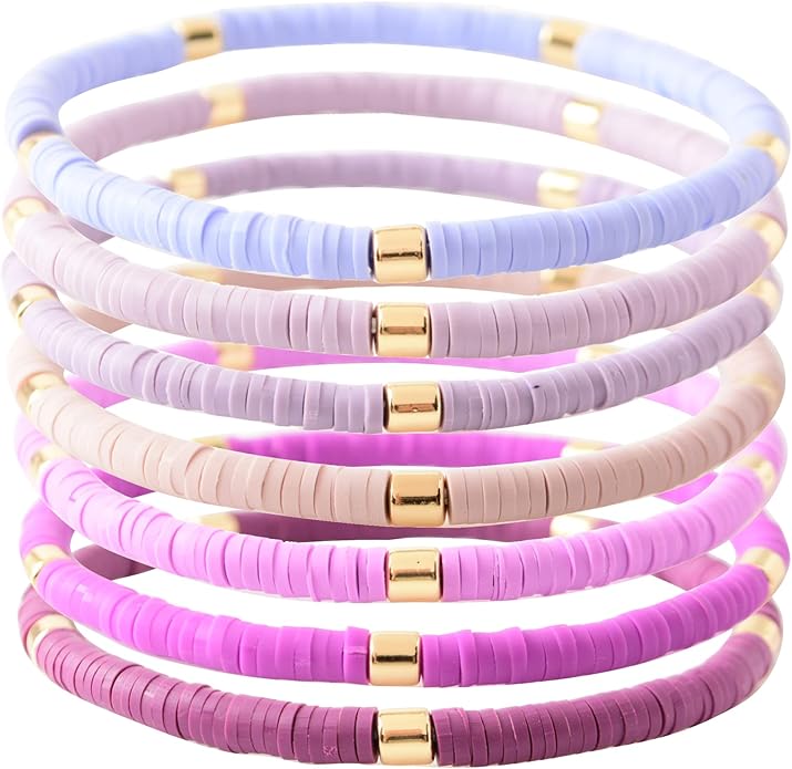 GOOJIDS Surfer Heishi Clay Bead Bracelets for Women Bohemian Stackable Gold Plated Beaded Stretch Bracelets Elastic Layering Friendship Bracelets Set Boho Jewelry
