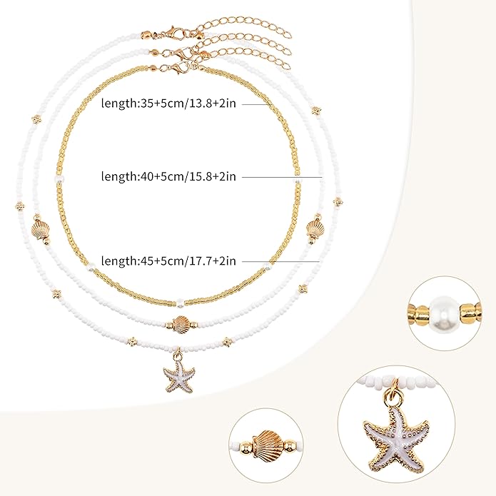 Women's Shell Starfish Boho Layered Beaded Necklace Choker for Summer Beach Vacation Gifts for Birthday/Anniversary/Christmas