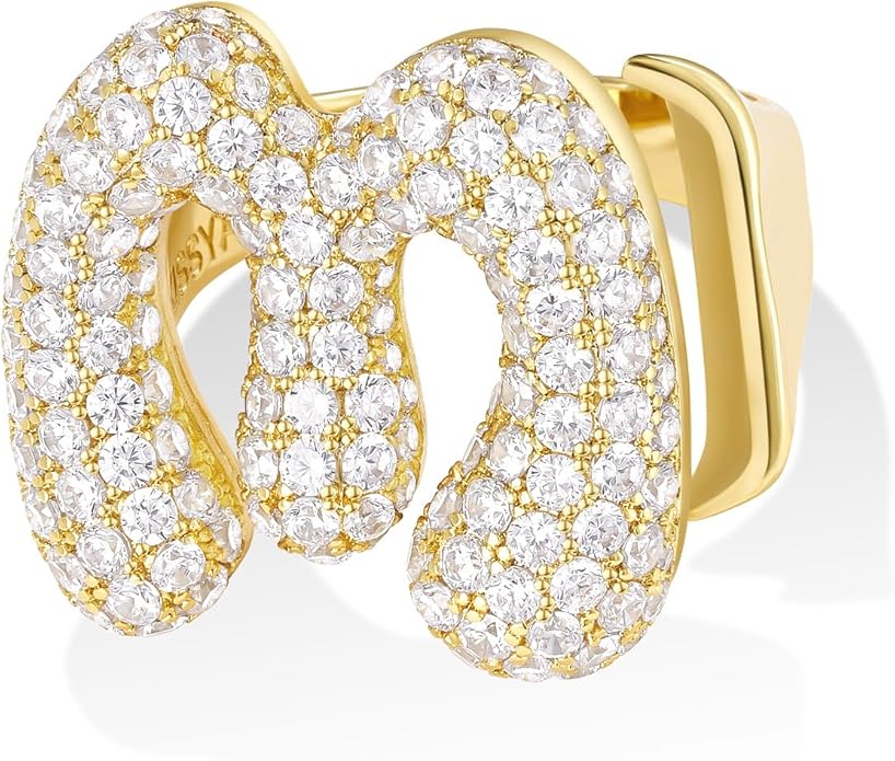 KissYan Bubble Initial Ring Valentines Day Gifts for Women, 14k Gold Plate Balloon Jumbo Letter Rings Open Adjustable Dainty Pave CZ Personalized Fashion Trendy Statement Jewelry