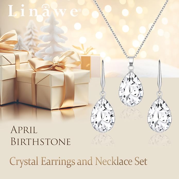 Linawe Crystal Jewelry Sets for Women, Imitation Diamond Pendant Necklace, Rhinestone Drop Dangle Earrings, Birthstone Cubic Zirconia Matching Wedding Jewelry, 14K Gold/Rose Gold/Silver Tones