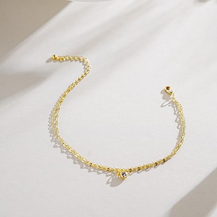 JINEAR Gold Ankle Bracelets for Women，14K Gold Plated Waterproof Chain Herringbone Layered Beaded Anklets Adjustable Summer Beach Jewelry Gift for Women