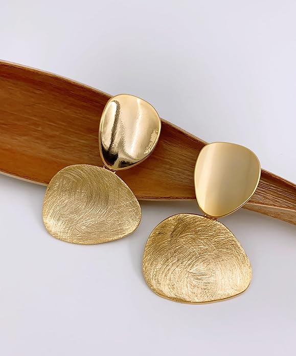 OZEL Gold Dangle Earrings for Women Brushed Finish, Matte Gold Statement Jewelry, 14k Gold Plated