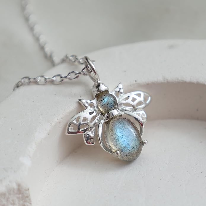 925 Sterling Silver Animal Pendant Necklace Collection for Women | Handmade Natural Gemstone Jewelry | Cat, Bee, Turtle & Bug Designs | Hypoallergenic Silver Necklace Gift for Her