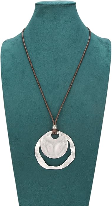 Boho Leather Necklace Women Bohemian Brown Circle Pendant Necklace Choker Long Necklaces for Women Boho Ring Large Pendant