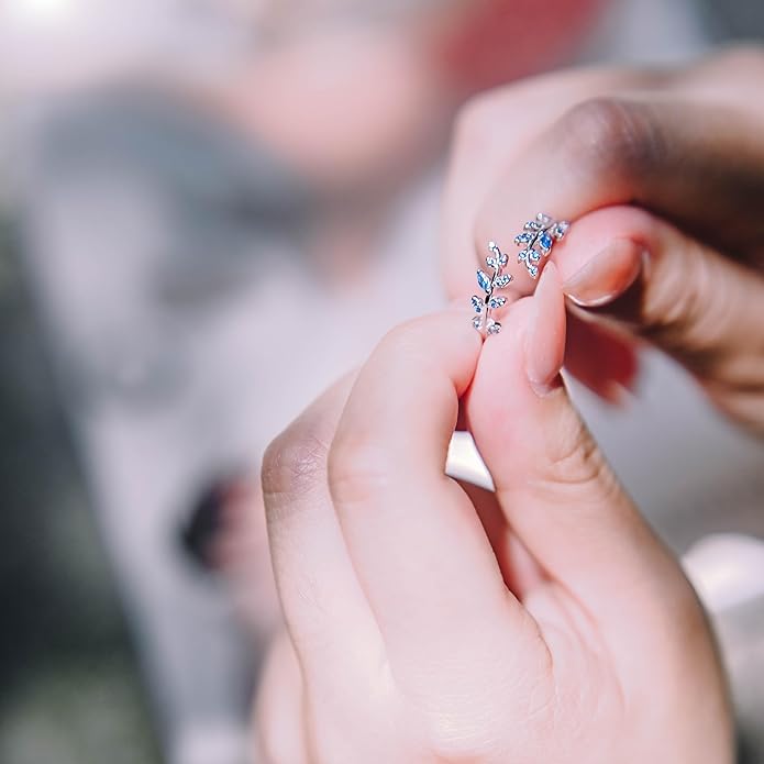 Adjustable S925 Sterling Silver Ring for Women,Branch Leaves Band Stacking Finger Ring,Paved Cubic Zirconia Stone Stackable Open Ring