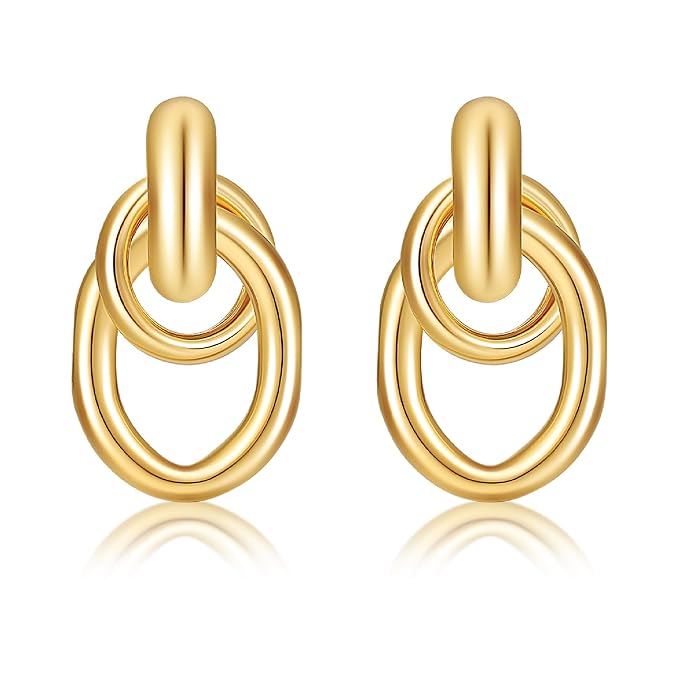 Chunky Gold/Silver Earrings for Women Knot Link Circle Statement Geometric Drop Dangle Earrings Studs Trendy Jewelry (Oval-Knot Earrings)