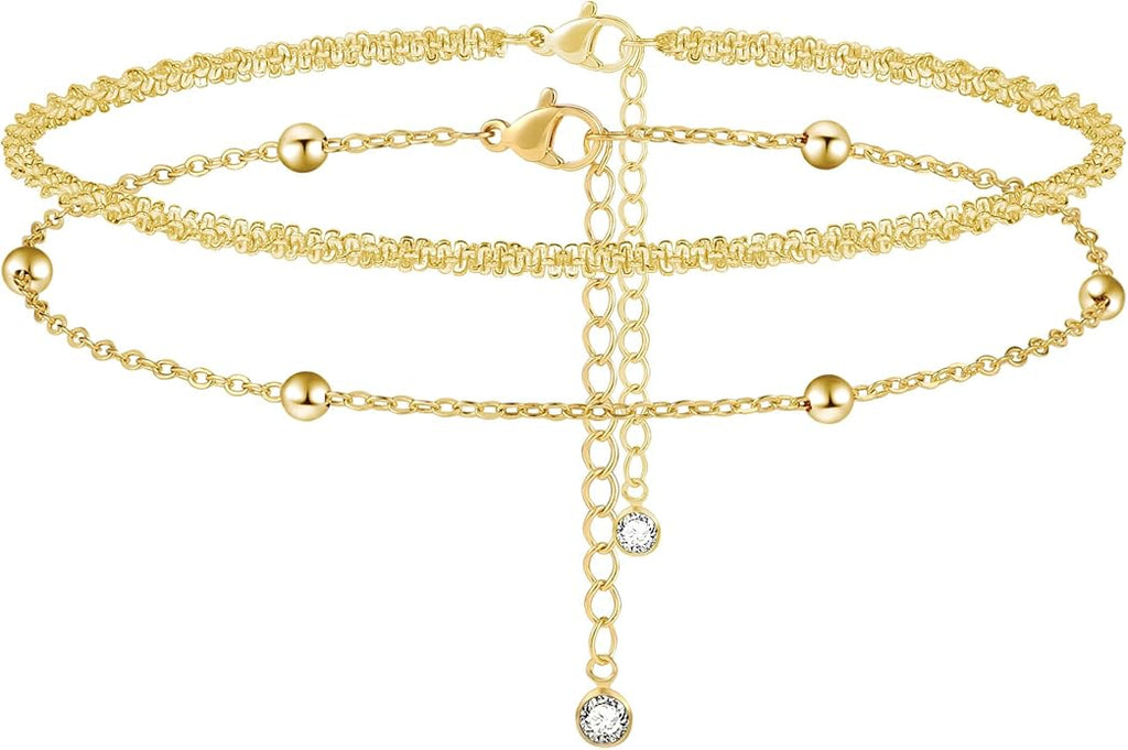 MIDEEO Gold/Silver Ankle Bracelets for Women,14K Gold Anklets for Women Waterproof Cuban Link Heart Beads Herringbone Rhinestone Anklets Set Layered Anklet Bracelets for Women Gold Jewelry Gift