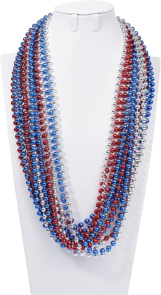 YAXINRUI 24 PCS Patriotic Beads Necklaces, 4th of july Accessories 33 Inch Independence Day Bead Necklace 4th of July Beads for Patriotic Parade Party