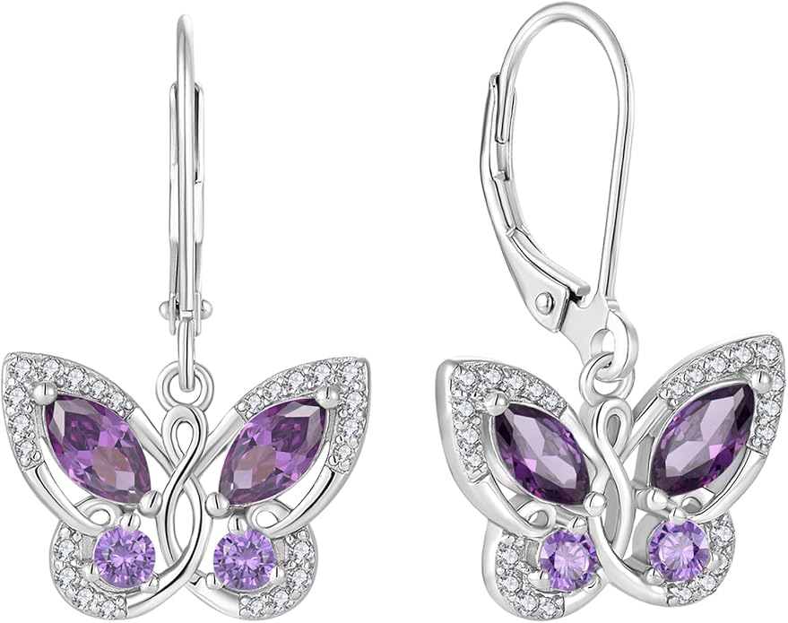 Starchenie Butterfly Earrings for Women 925 Sterling Silver Leverback Earrings Birthstone Butterfly Jewelry Gifts