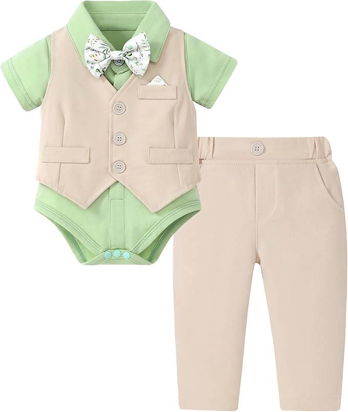 DISAUR Baby Boy Clothes Toddler Boy Outfits 4PCS Gentleman Dress Romper/Vest/Pants/Bow Tie Cotton Suit Sets