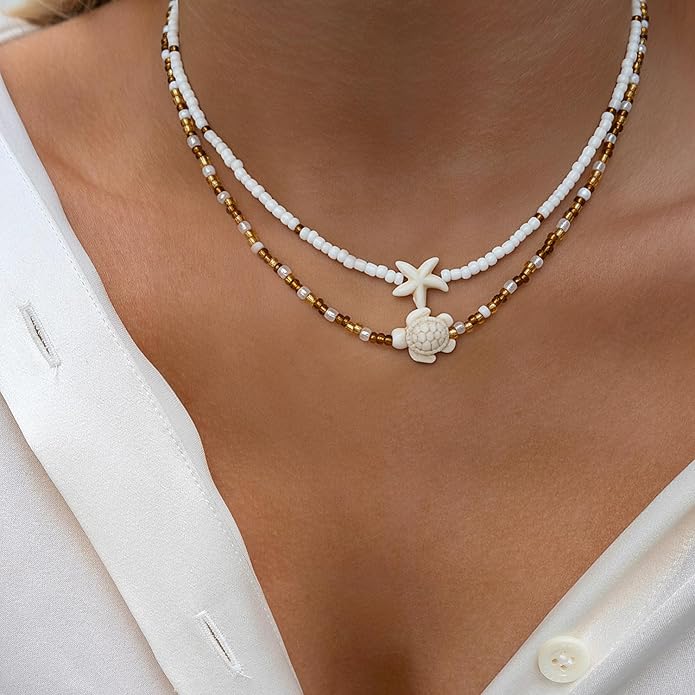 Women's Shell Starfish Boho Layered Beaded Necklace Choker for Summer Beach Vacation Gifts for Birthday/Anniversary/Christmas