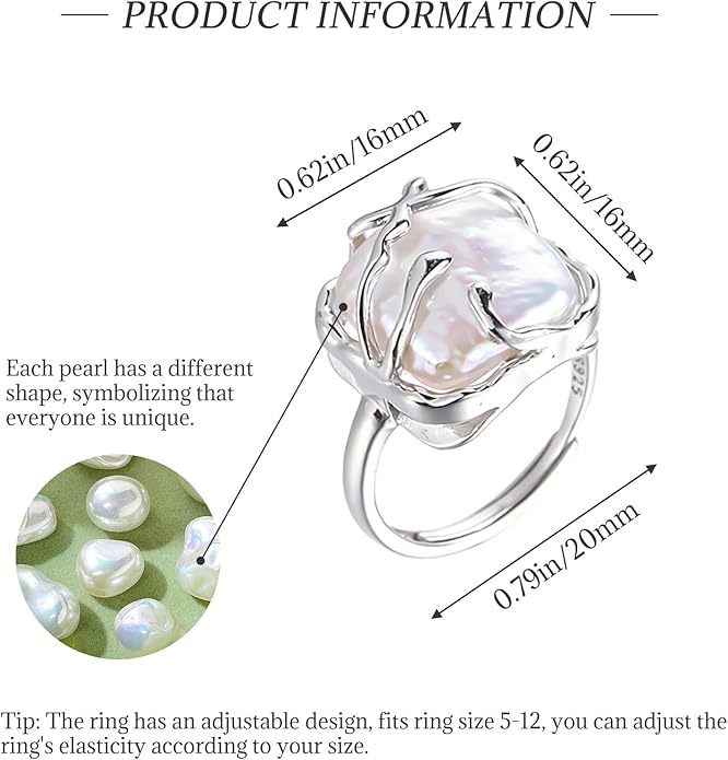 HETICA Irregular Pearl Silver Ring for Women Baroque Pearl Ring Fashion Statement Ring Jewelry Gift
