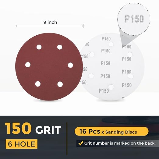 HARFINGTON 16 Pcs 9 Inch Sanding Discs 150 Grit Red Aluminum Oxide 6 Hole | - Image 2