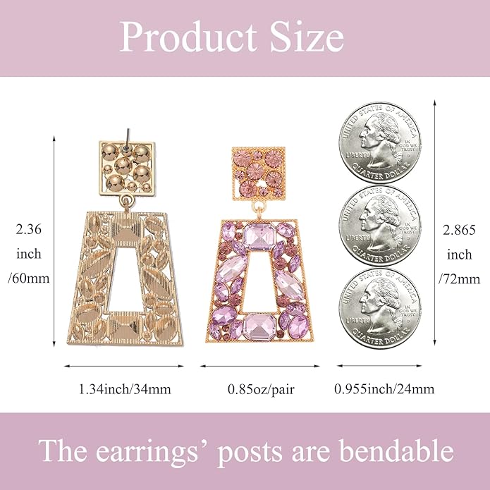 Rhinestone Rectangle Statement Earrings Colorful Crystal Geometric Drop Dangle Earrings for Women Prom Party