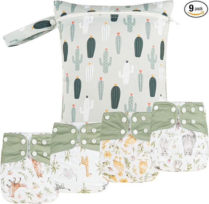 HappyFlute 9 Sets Newborn Baby Cloth Pocket Diapers Adjustable Reusable for Baby Boys and Girls(6-33 pounds,0-3 Years),One Wet Bag+4Diapers and 4Inserts (AD10)