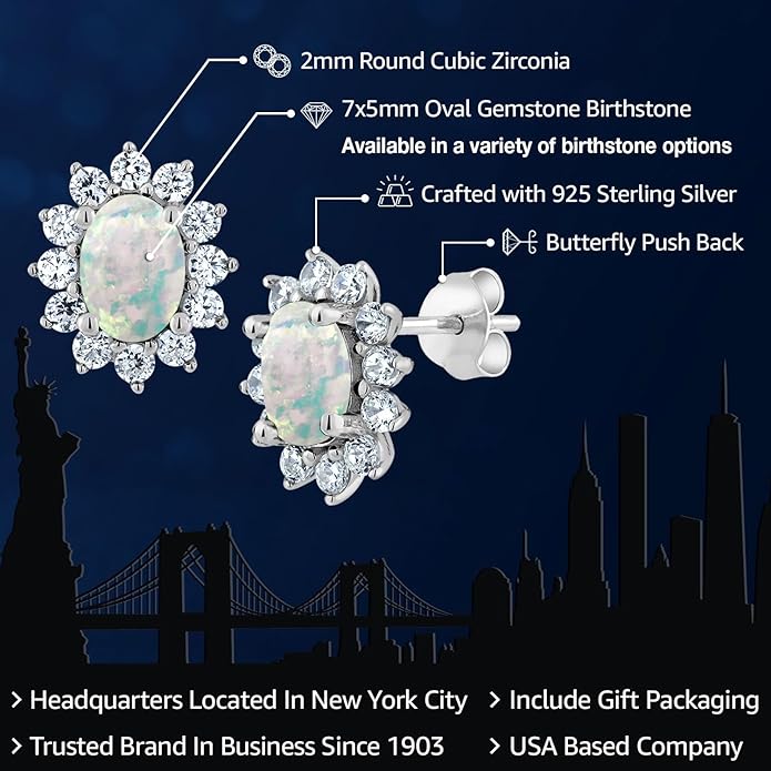 Gem Stone King 7X5MM Oval Gemstone Birthstone Stud Earrings For Women | Princess Diana Royal Halo Style | 925 Sterling Silver | Fine Jewelry Gifts for Anniversary Wedding Her Mom Women Wife