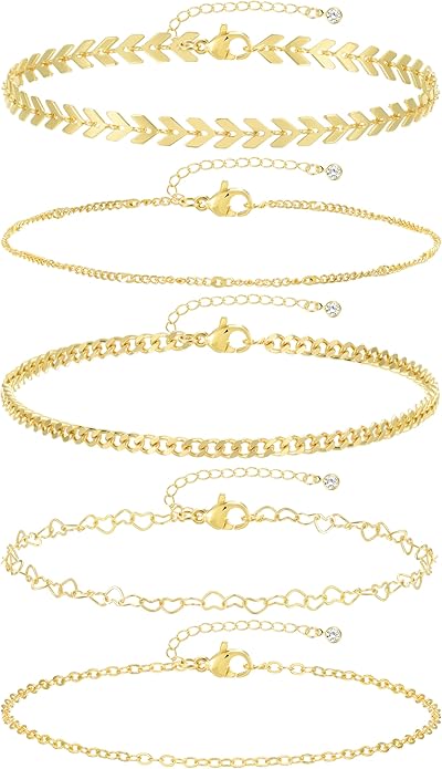 iF YOU Gold Ankle Bracelets for Women, 14k Gold Plated Waterproof Cuban Pearl Snake Chain Anklets Set, Gold Anklets for Women Beach Gift Adjustable Size