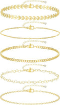 iF YOU Gold Ankle Bracelets for Women, 14k Gold Plated Waterproof Cuban Link Chain Anklets Set, Layered Anklet Bracelets for Women Beach Gift Adjustable Size 5pc