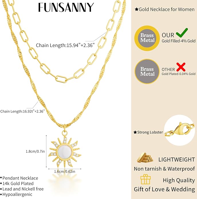 CHESKY Layered Necklaces for Women Trendy, Dainty 14k Gold Plated Pendant Necklace Layering Necklace for Women Non Tarnish Hypoallergenic Sun Gold Necklace Stack Gold Jewelry for Women Gifts