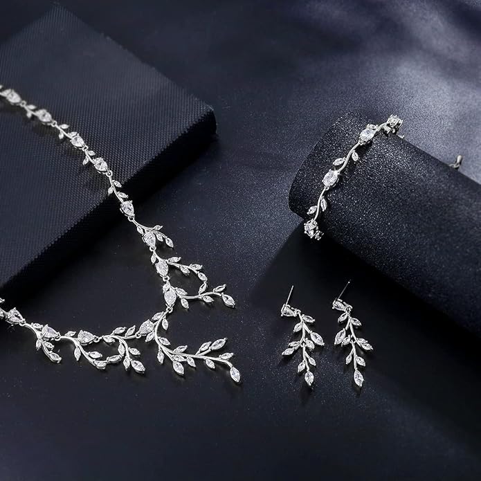 Bridal Wedding Jewelry CZ Set Marquise Teardrop Cubic Zirconia Pendant Necklace and Dangle Earring Bracelet Sets for Women