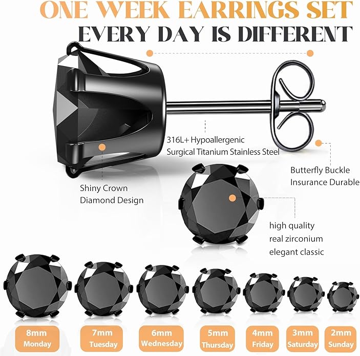 Silver Gold Black Stud Earrings Set 7Pairs Hypoallergenic Cubic Zirconia Titanium Stainless Steel Silver Rose Gold Black CZ Cartilage Stud Earrings Jewelry Sets for Women Men, 2-8mm CZ Stud Earrings