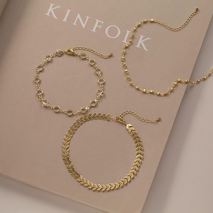 MIDEEO Gold/Silver Ankle Bracelets for Women,14K Gold Anklets for Women Waterproof Cuban Link Heart Beads Herringbone Rhinestone Anklets Set Layered Anklet Bracelets for Women Gold Jewelry Gift