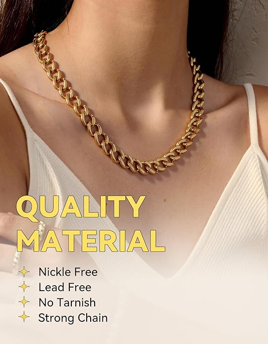 ChainsHouse Cuban Link Chain for Women Chunky Gold Necklace Stainless Steel/Gold Plated Choker Necklaces for Women, 12/16/20 mm Width Thick Chain Choker Punk Hip-Hop Jewelry,18-20"