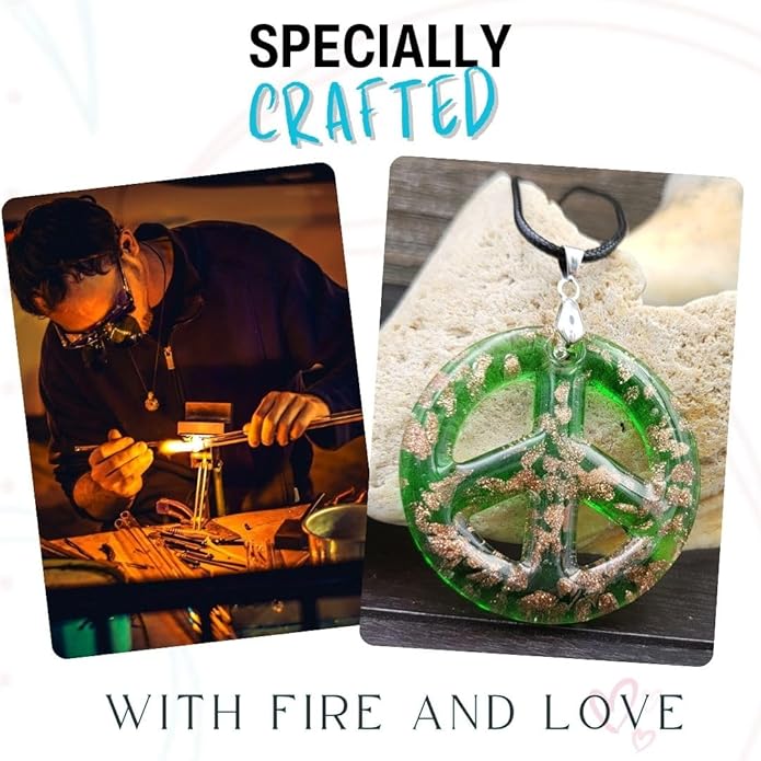BESHEEK Murano Inspired Peace Sign Blown Glass Lampwork Art Pendant Necklace for Women Handcrafted Artisan Hypoallergenic Italian Style Jewelry