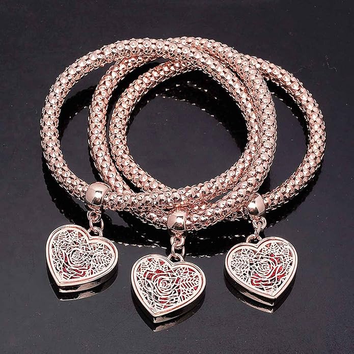 Crystal Charms Multilayer Bracelets - 3PCS Gold/Silver/Rose Gold Corn Chain Bracelet for Women, Tree of Life Heart Shaped Stretch Bracelet