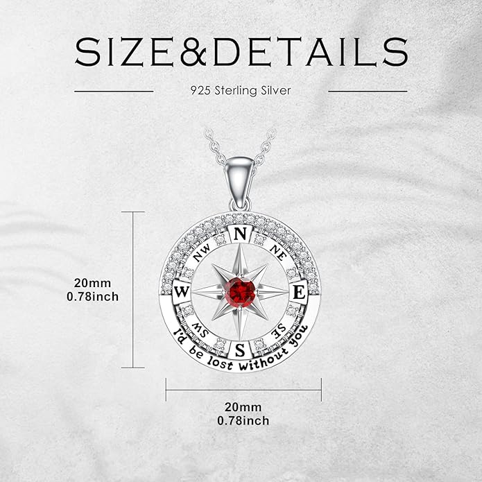 Compass Birthstone Necklace Gift for 2025 Graduation 925 Sterling Silver Compass ‘I'd be Lost Without You’ Pendant Necklaces Jewelry for Women Her Wife Gift for Birthday Anniversary