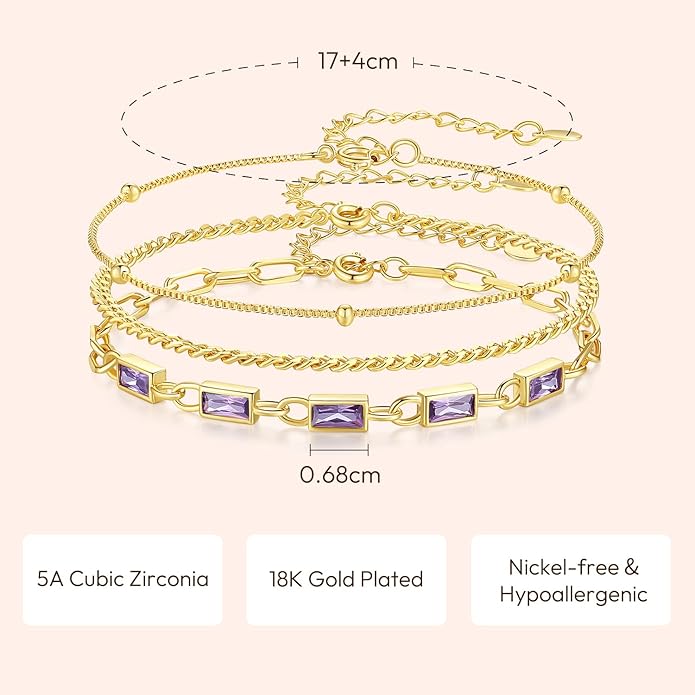 Gold Birthstone Bracelet for Women, 18K Gold Plated Layered Jewelry Bracelet Set, Womens Dainty Stackable Bracelets Link Paperclip Chain Valentines Day Gift for Wife Her