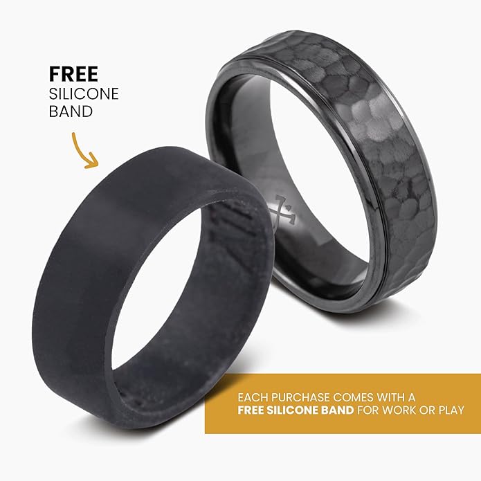 Manly Bands: Mens Black Plated Tungsten and Black Zirconium Wedding Bands and Rings - Comfort Fit and Stylish Black Rings for Men, Free Silicone Ring Included
