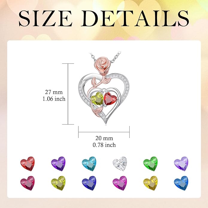 Rose Flower Heart Pendant for Women Birthday Gifts 18k Gold Plated Mother Daughter Necklace with 12 Months Birthstone Christmas Valentines Day Gifts for Her Mom Anniversarry Jewelry for Mom Wife Girlfriend