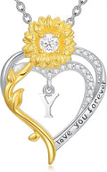 Initial Necklace 925 Sterling Silver Sunflower Heart Letter Pendant Alphabet Anniversary Birthday Jewelry Gifts for Women Mom Girlfriend Wife Her