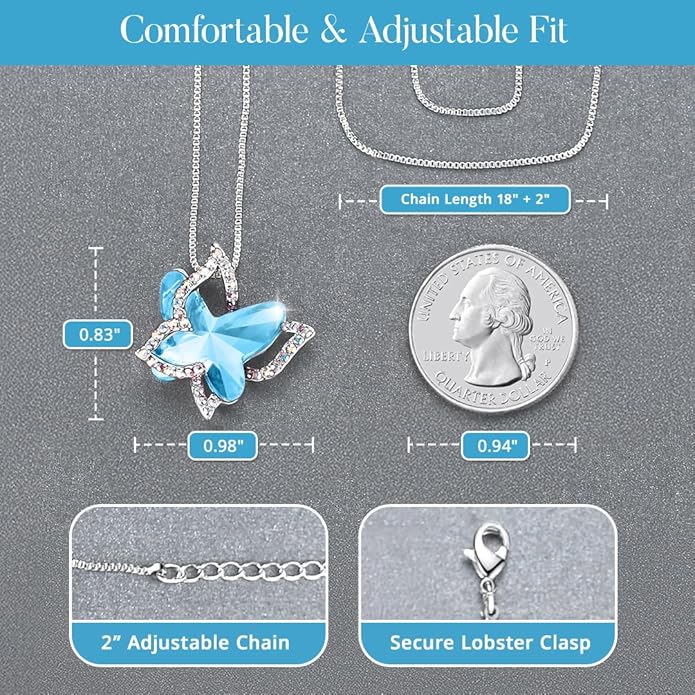 Valentine's Day Gift Butterfly Birthstone Crystal Necklace, Silver Tone with 18”+2” Chain, Necklace for Mother’s Day Anniversary Birthday Gifts for Women and Daughter