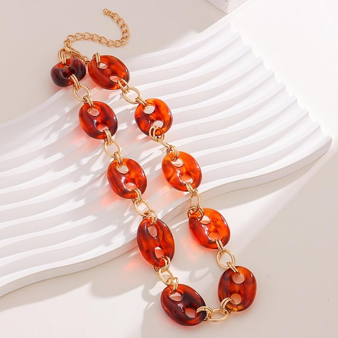 Acrylic Choker Necklace for Women 14K Gold Plated Statement Necklace Bold Brown Resin Chokers Vintage Jewelry Gifts