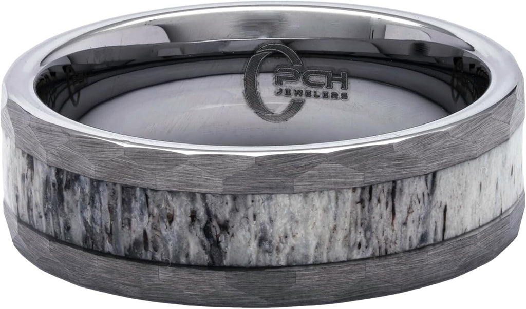 Men's Tungsten Deer Antler With Ring Hammered Finish 8mm Comfort Fit Wedding Band
