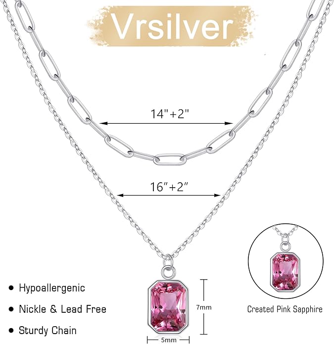 Layered Birthstone Necklace for Women Girls, 14K Gold-Plated Paperclip Chain Choker Necklace with Rectangle Birthstone Pendant Birthday Gifts for Women Girls Dainty Small