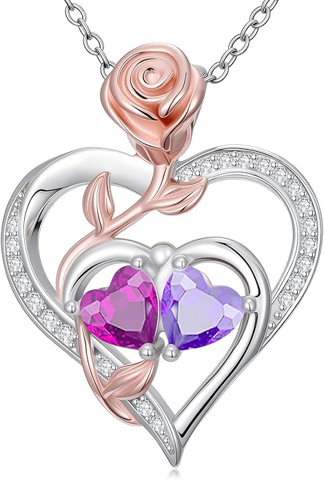 Rose Flower Heart Pendant for Women Birthday Gifts 18k Gold Plated Mother Daughter Necklace with 12 Months Birthstone Christmas Valentines Day Gifts for Her Mom Anniversarry Jewelry for Mom Wife Girlfriend