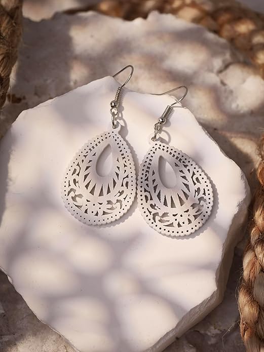 MINACHI Bohemian Hollow Cut-Out Wood Leather Dangle Drop Earrings, Boho Chic Hippie Statement Jewelry Gift for Women