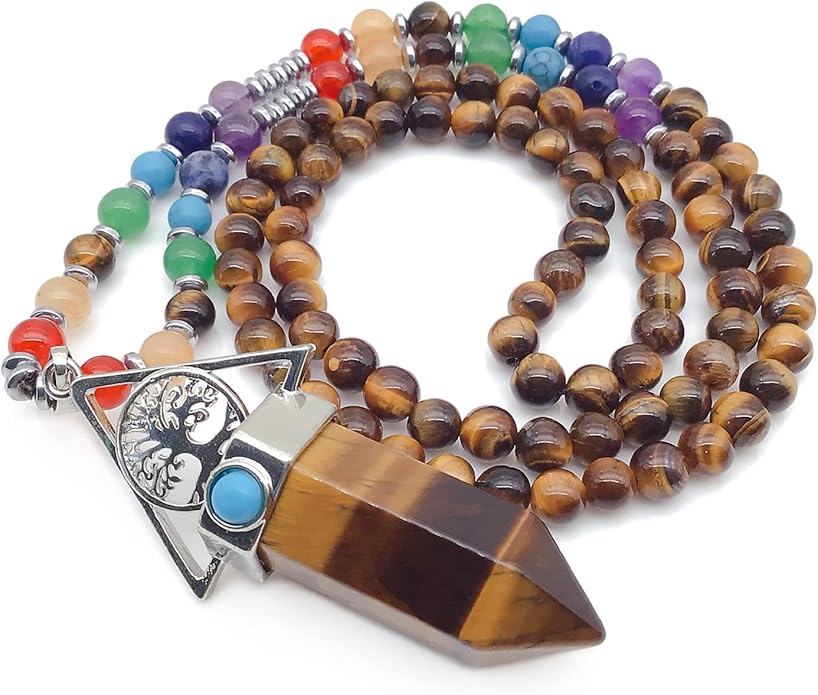 EDEN'S CALL Tree of Life 7 Chakra Stone Beads Necklace for Women and Men Hexagonal Crystal Point Pendant Necklace