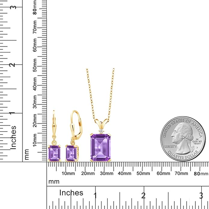 Gem Stone King 9-13 Cttw Pendant and Earrings Jewelry Set For Women | Emerald Cut 14X10MM and 8X6MM | Round 1.5MM | Gemstone Birthstone and Diamond | 925 Sterling Silver | 18 Inch Silver Chain