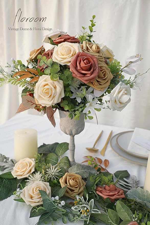 Artificial Flowers 25pcs Real Looking Burnt Orange Ombre Colors Foam Fake Roses - Image 4