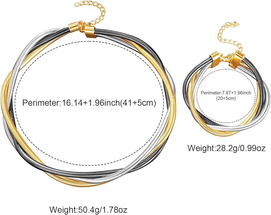 YBMYCM Chunky Gold-plated Silver Jewelry Set Multi Strands Stainless Steel Choker Necklace Bracelet Set for Women
