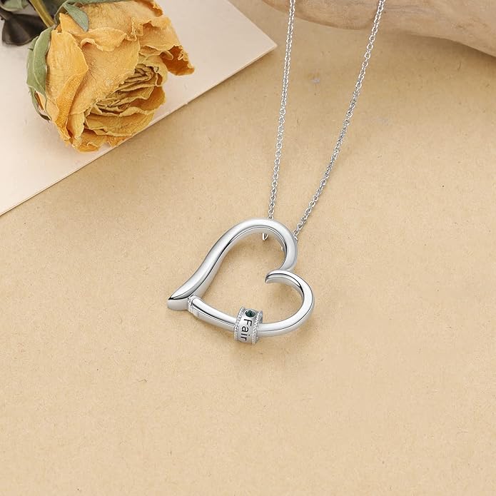 Personalized Women's Pendant Necklace 925 Sterling Silver with 1-5 Simulated Birthstone Names Customized Heart Shape Cubic Zirconia Necklace