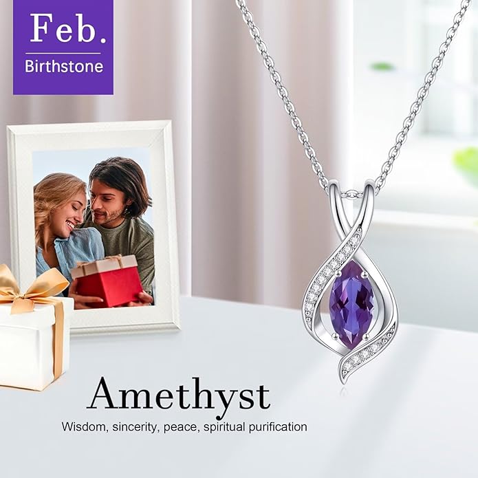 Iefil Valentines Day Gifts for Her, 925 Sterling Silver Marquise Birthstone Necklace Birthday Gifts Dainty Necklaces Birthstone Jewelry for Wife Daughter, 19"+2" Inches