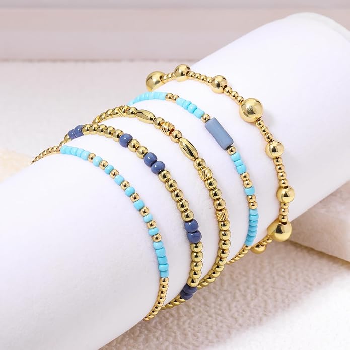 Gold Bracelets for Women Waterproof, 14K Gold Plated Beaded Cross Bracelets Set,Boho Stretch Bracelets Stackable Jewelry for Women Teenage Girls Jewelry Christmas Gifts